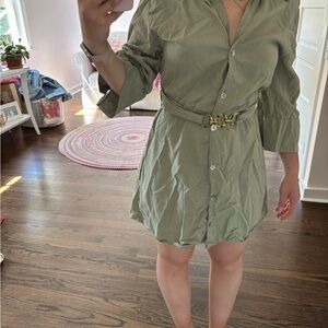 Green Linen Collared Button-Up Dress with Belt